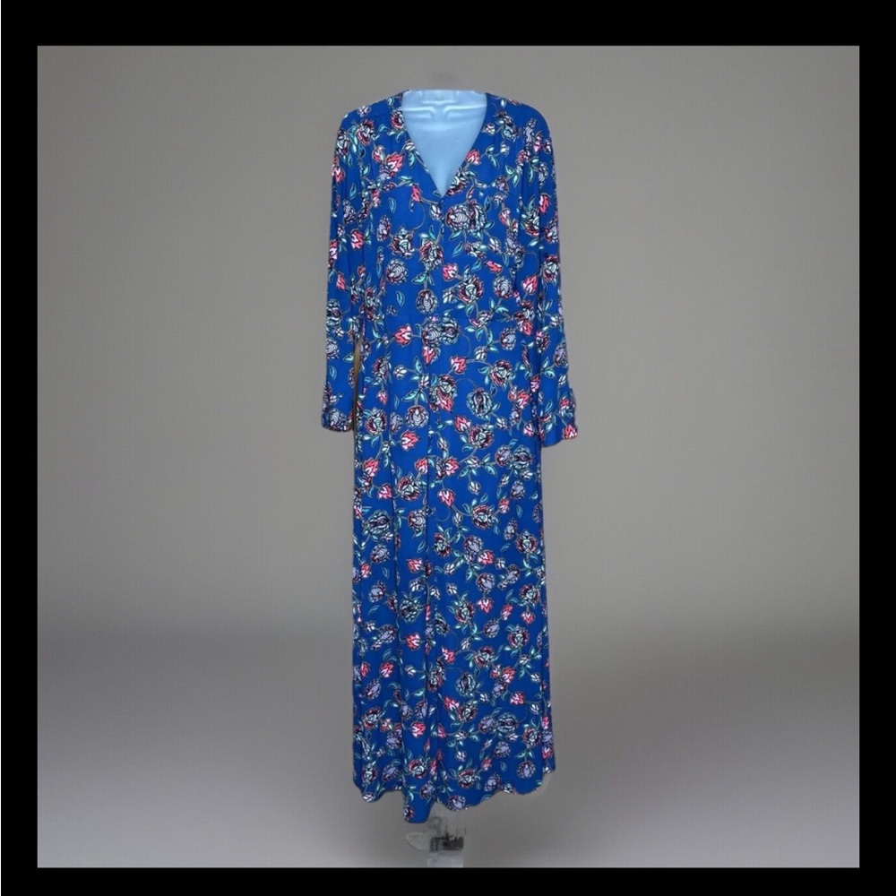Express Maxi Dress M Blue Button Floral Boho Cottage Modest Roll‎ Tab Sleeve